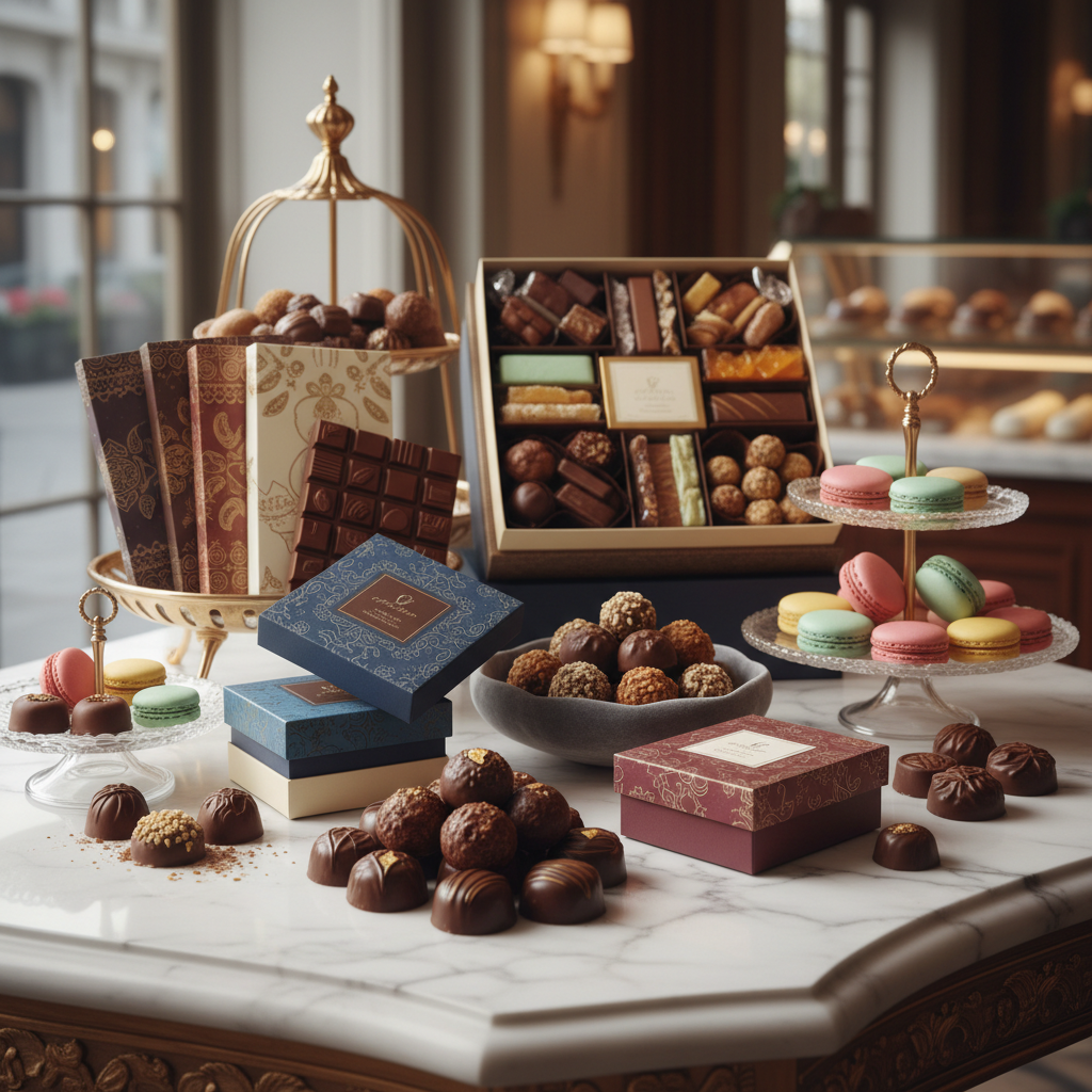 Assorted chocolates and pastries on a marble table with a blurred background