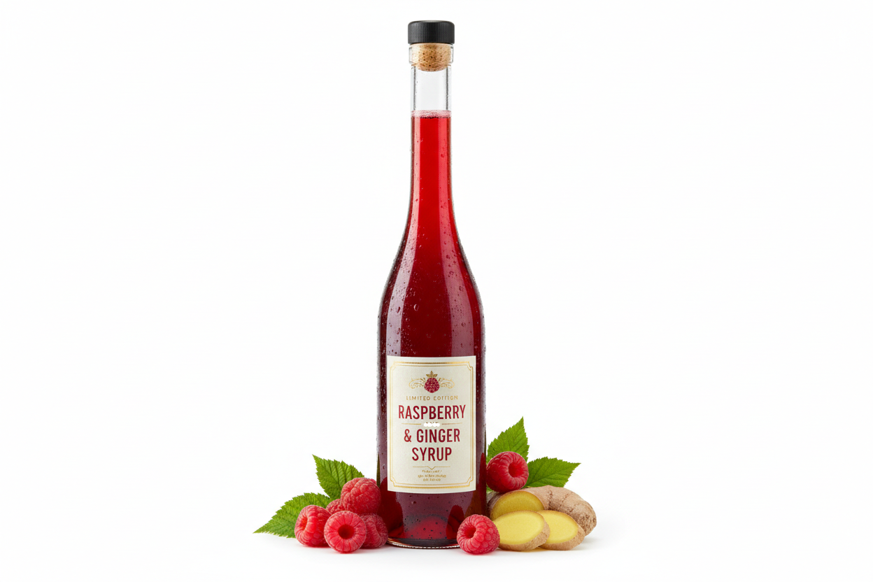 Bottle of raspberry and ginger syrup with raspberries and ginger on a white background